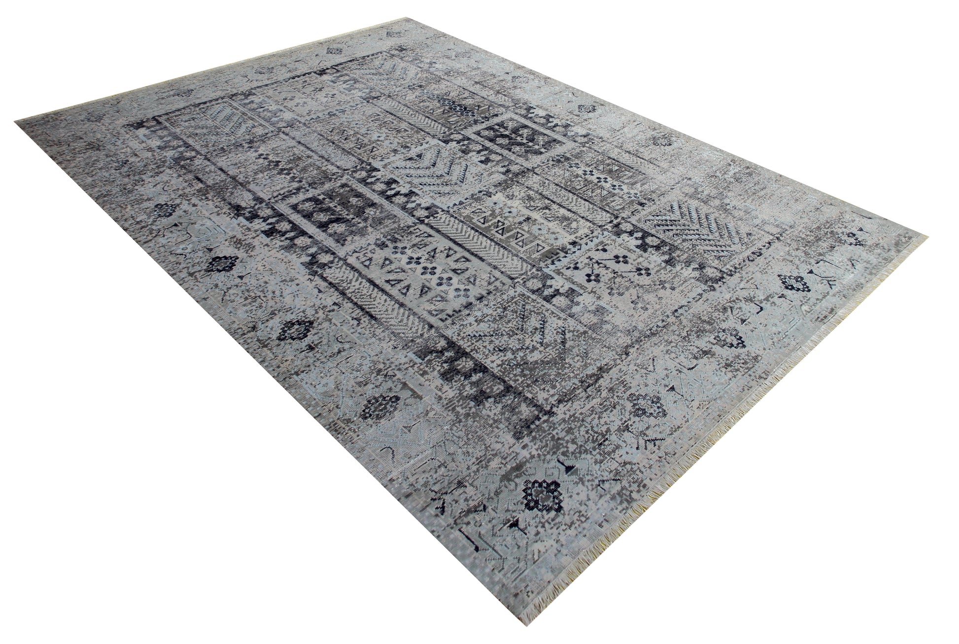 Tribal Medallion Hand Knotted Rug 8x10 - Grey Charcoal Vintage Distressed 45 KPSI Bhadohi Rugs