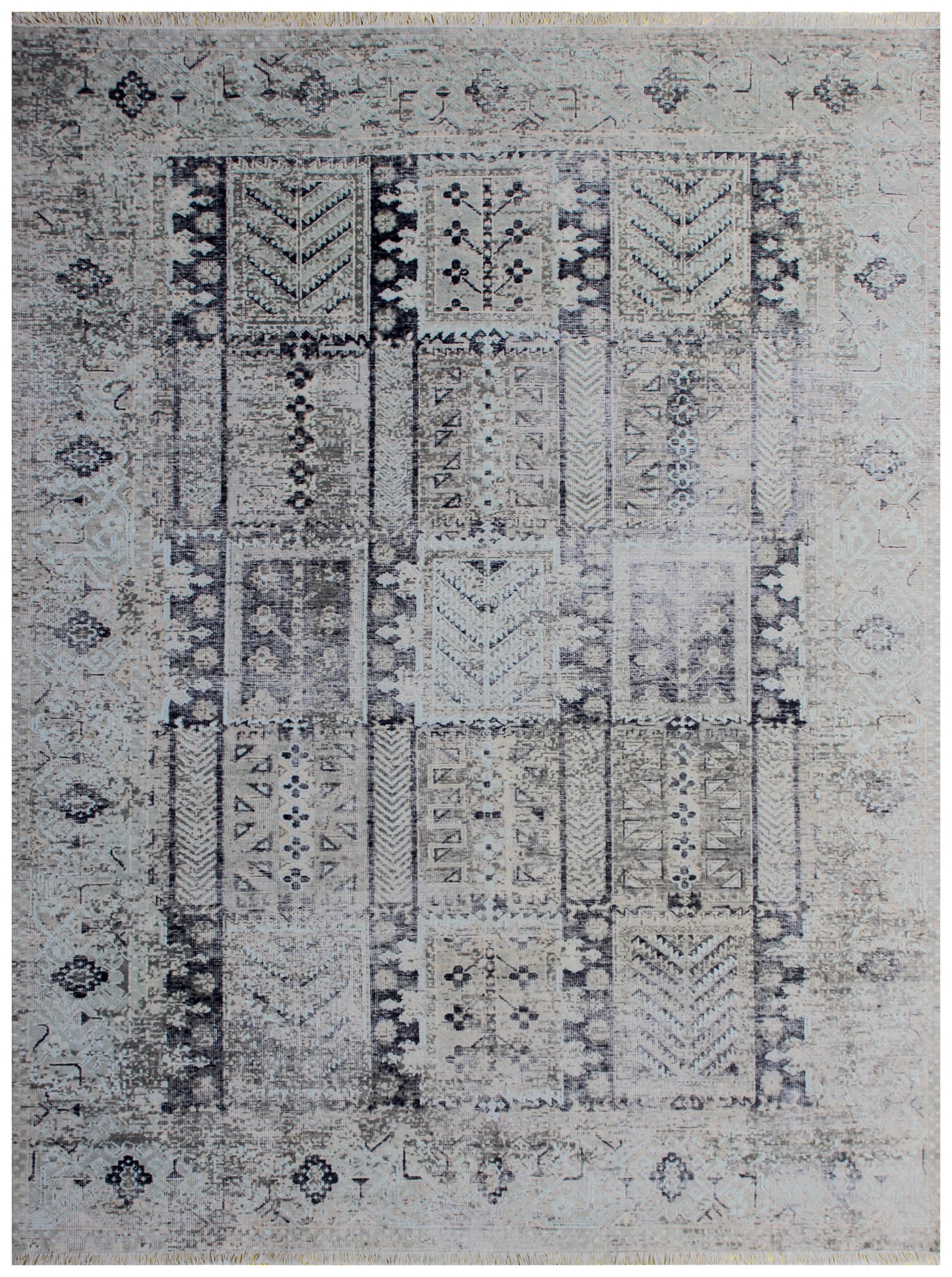 Geometric Tribal Hand Knotted Rug 7.6x9.6 - Grey Charcoal Vintage 45 KPSI Bhadohi Rugs