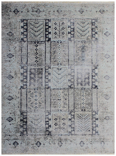 Geometric Tribal Hand Knotted Rug 7.6x9.6 - Grey Charcoal Vintage 45 KPSI Bhadohi Rugs