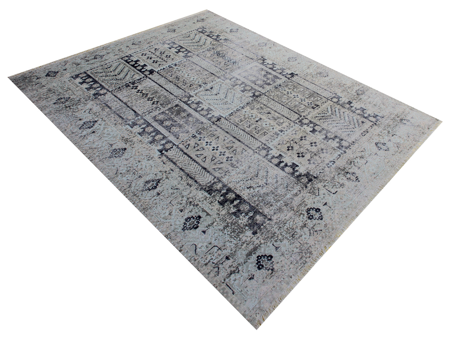 Geometric Tribal Hand Knotted Rug 7.6x9.6 - Grey Charcoal Vintage 45 KPSI Bhadohi Rugs