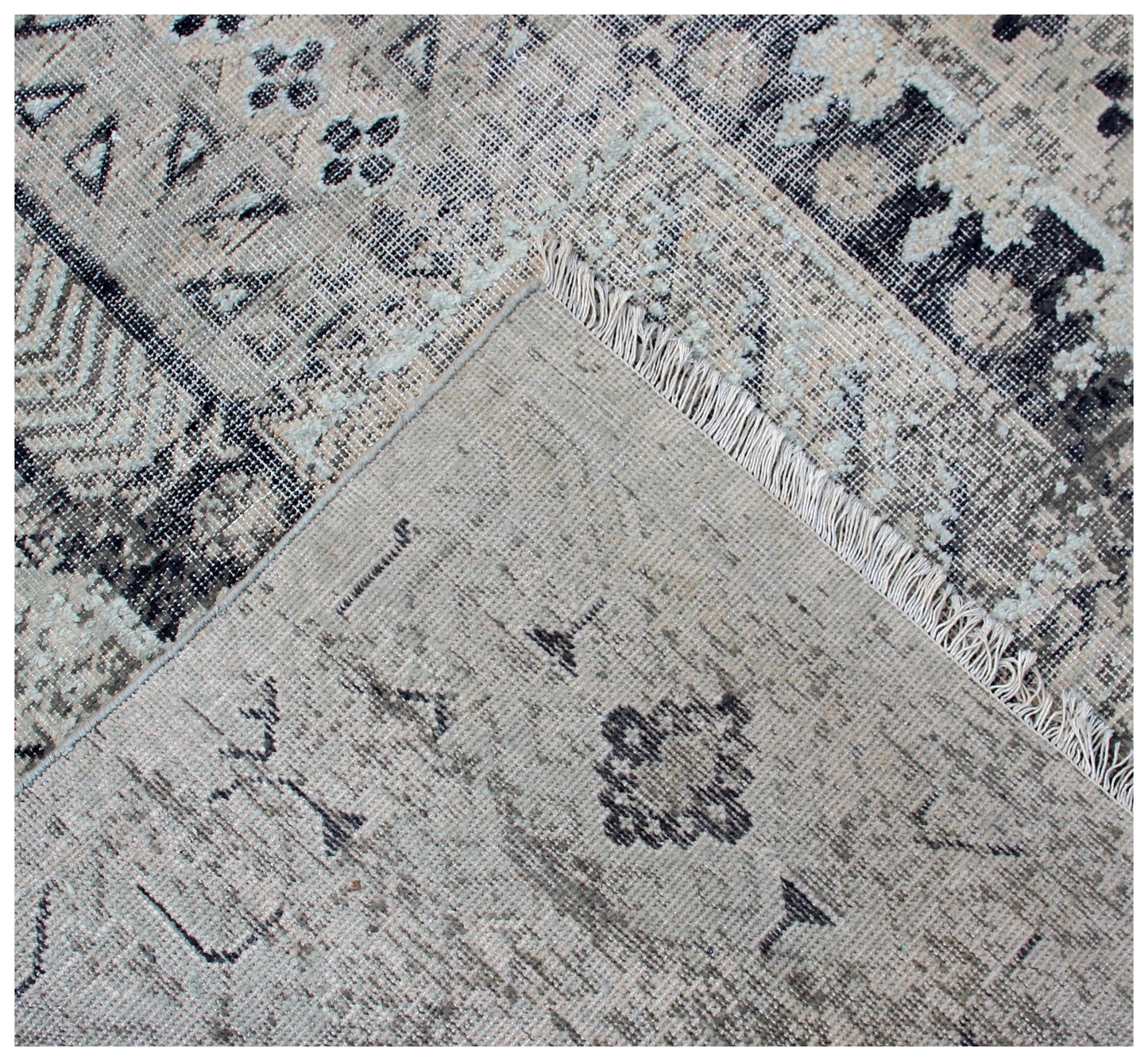 Geometric Tribal Hand Knotted Rug 7.6x9.6 - Grey Charcoal Vintage 45 KPSI Bhadohi Rugs