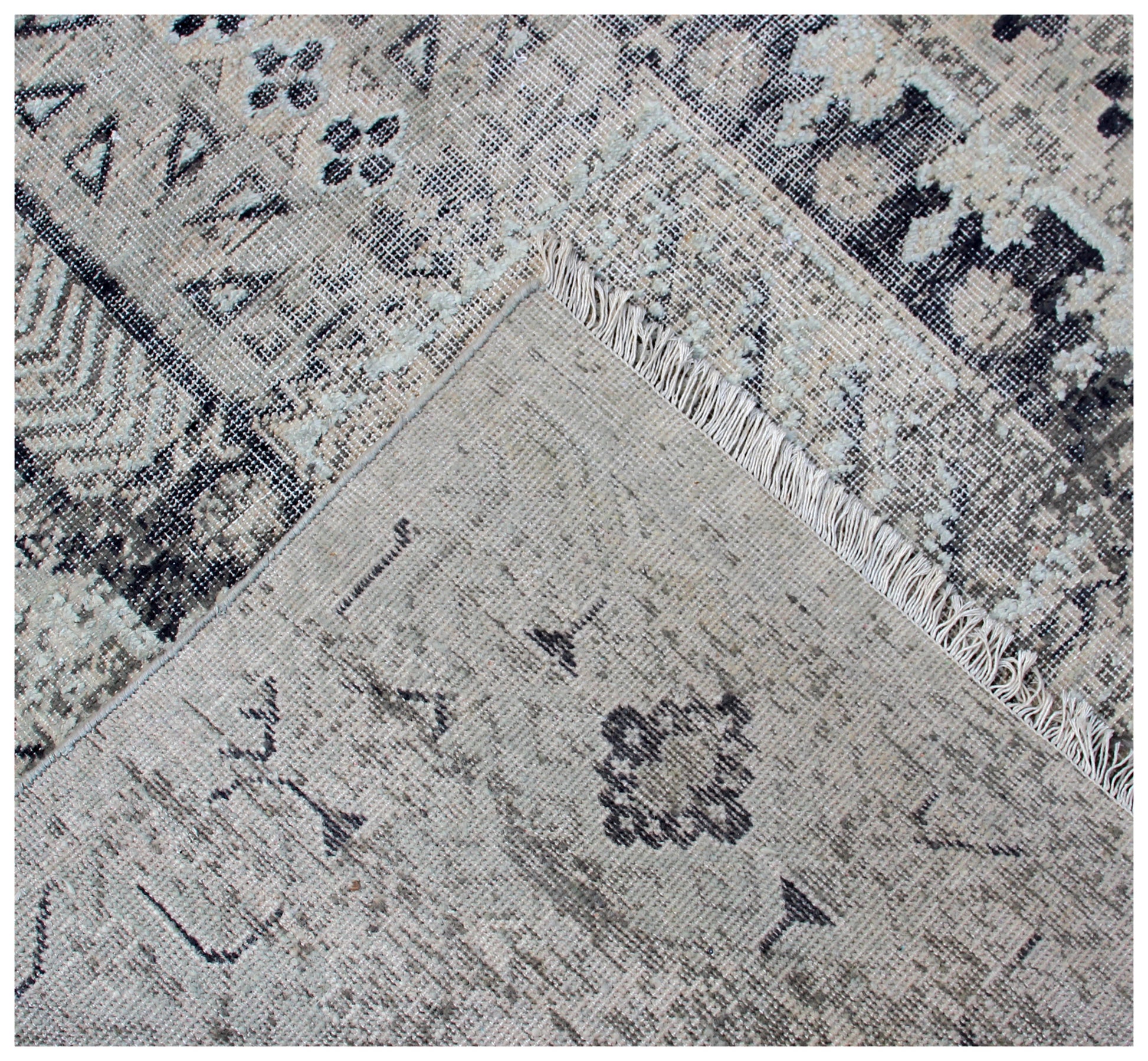 Geometric Tribal Hand Knotted Rug 7.6x9.6 - Grey Charcoal Vintage 45 KPSI Bhadohi Rugs