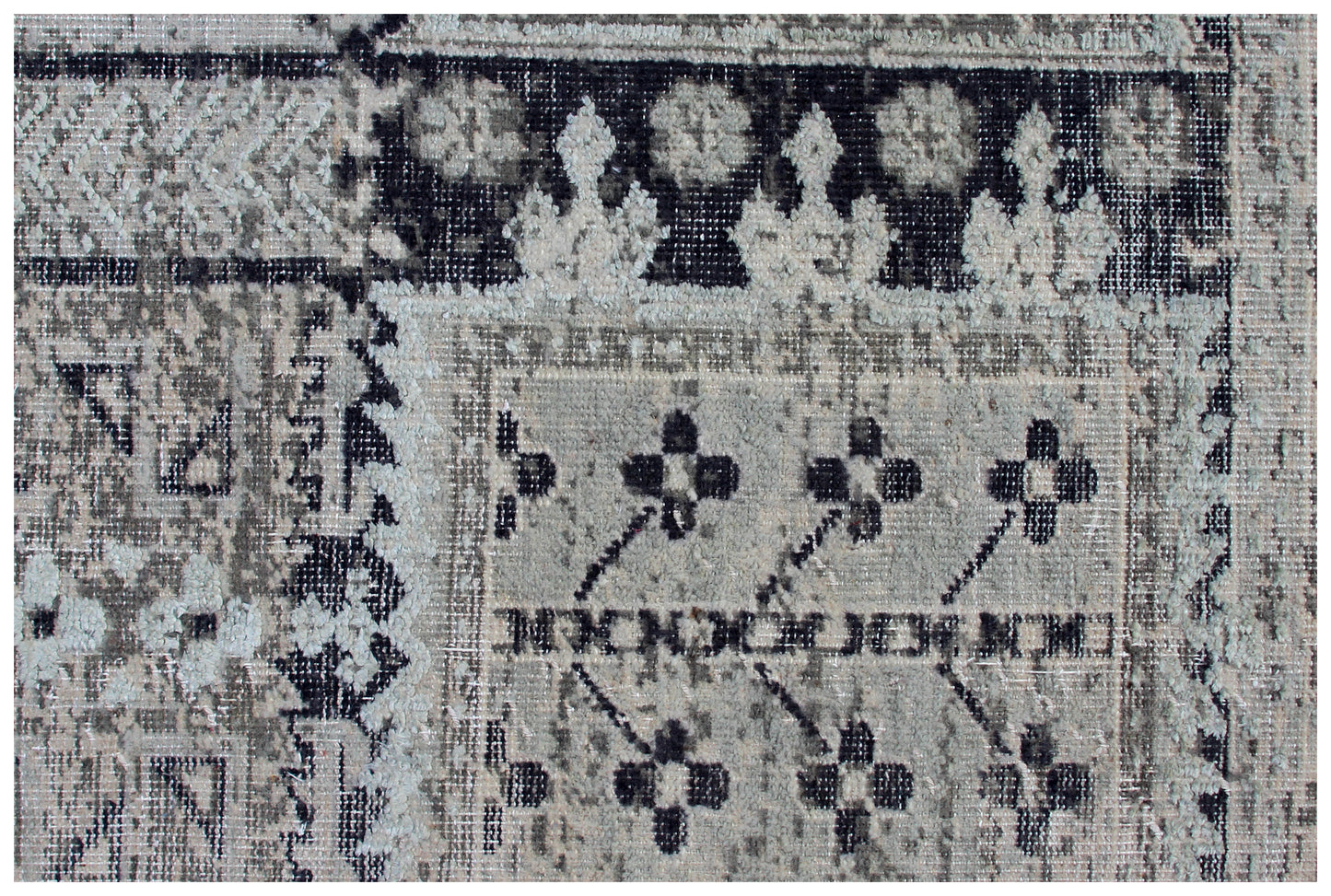 Geometric Tribal Hand Knotted Rug 7.6x9.6 - Grey Charcoal Vintage 45 KPSI Bhadohi Rugs