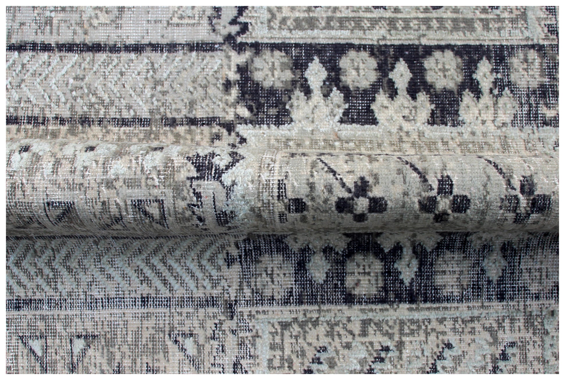 Geometric Tribal Hand Knotted Rug 7.6x9.6 - Grey Charcoal Vintage 45 KPSI Bhadohi Rugs