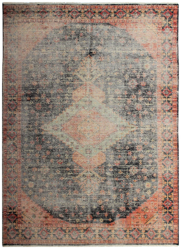 Grey Pink Coral 7.6x10 Hand Knotted Wool Viscose Area Rug - Vintage Antique Abstract