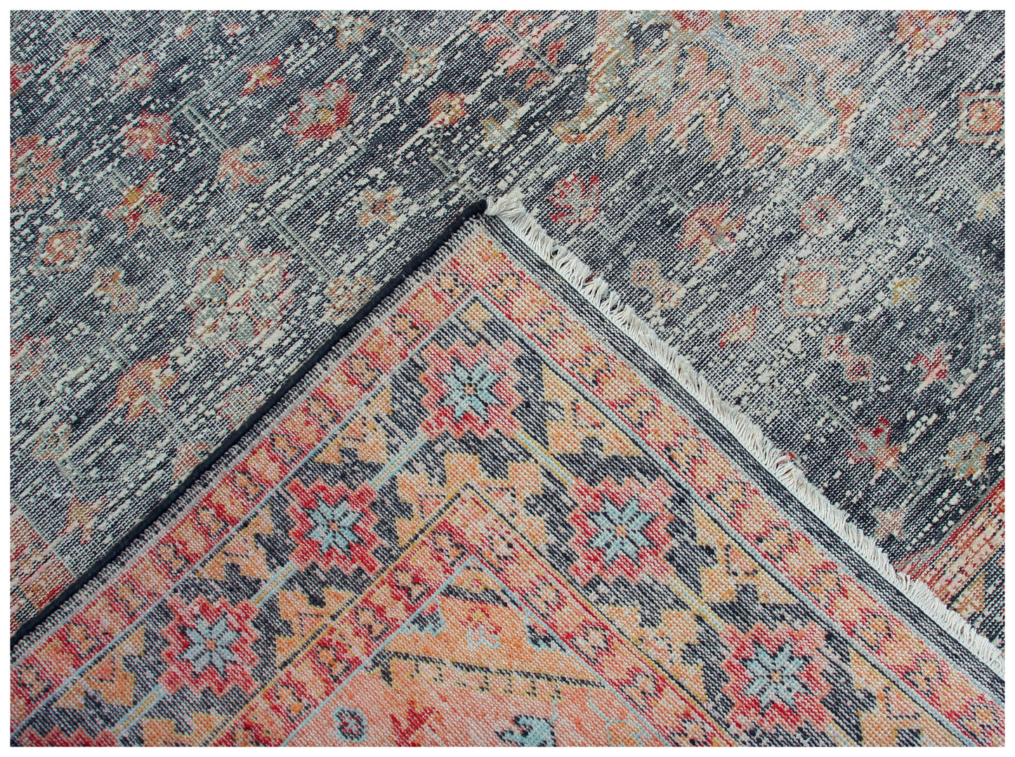 Grey Pink Coral 7.6x10 Hand Knotted Wool Viscose Area Rug - Vintage Antique Abstract