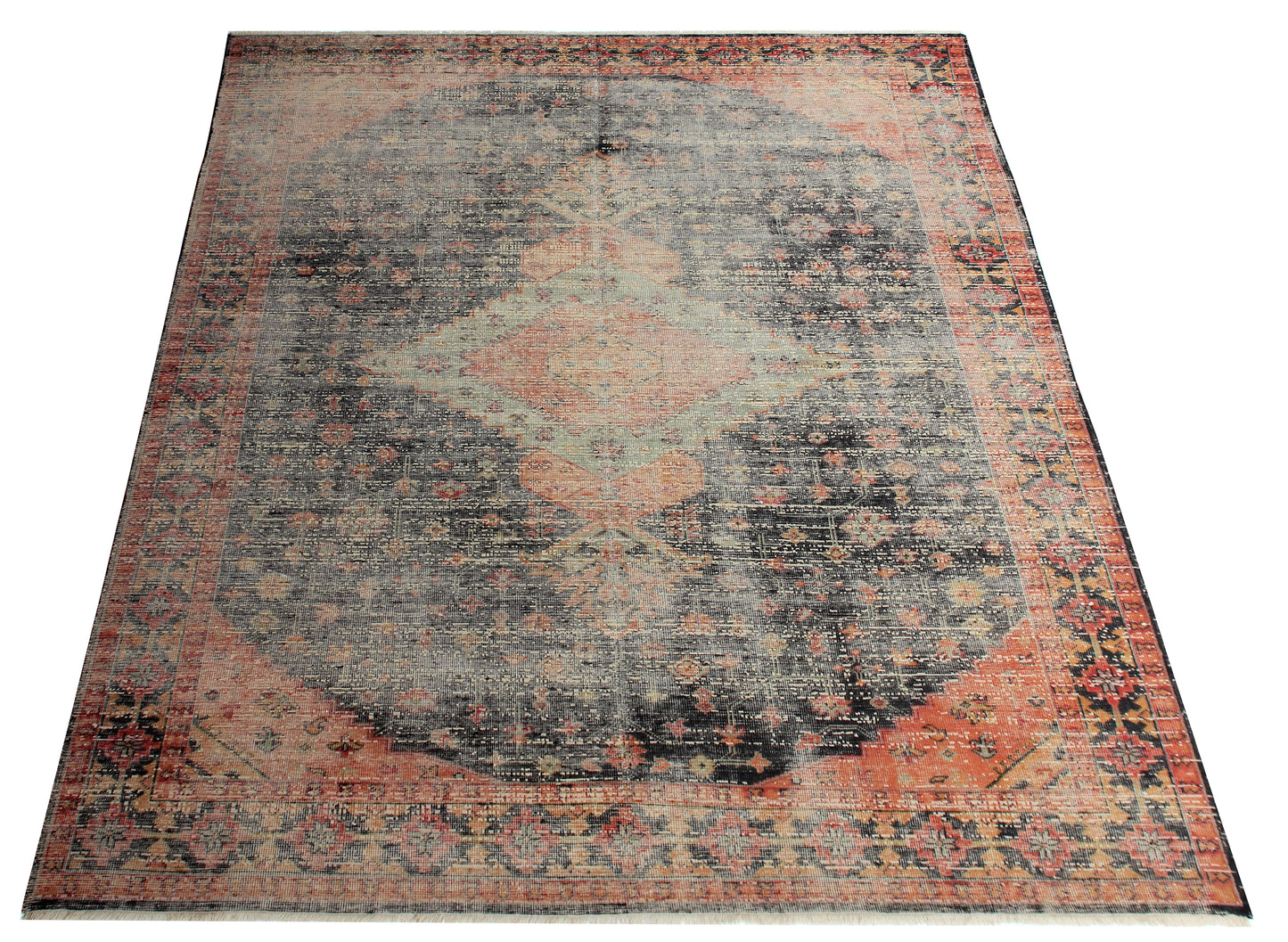 Grey Pink Coral 7.6x10 Hand Knotted Wool Viscose Area Rug - Vintage Antique Abstract