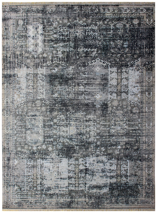 Distressed Vintage Hand Knotted Rug 8x10 - Grey Charcoal Tribal 45 KPSI Bhadohi Rugs