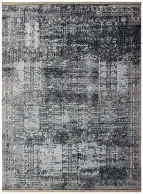 Distressed Vintage Hand Knotted Rug 8x10 - Grey Charcoal Tribal 45 KPSI Bhadohi Rugs