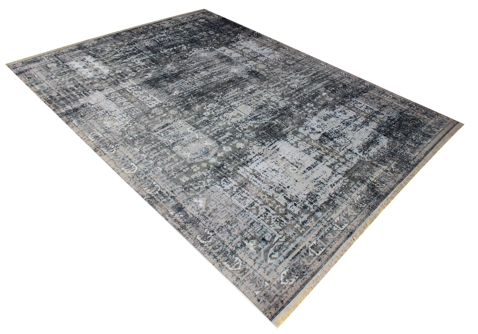 Distressed Vintage Hand Knotted Rug 8x10 - Grey Charcoal Tribal 45 KPSI Bhadohi Rugs