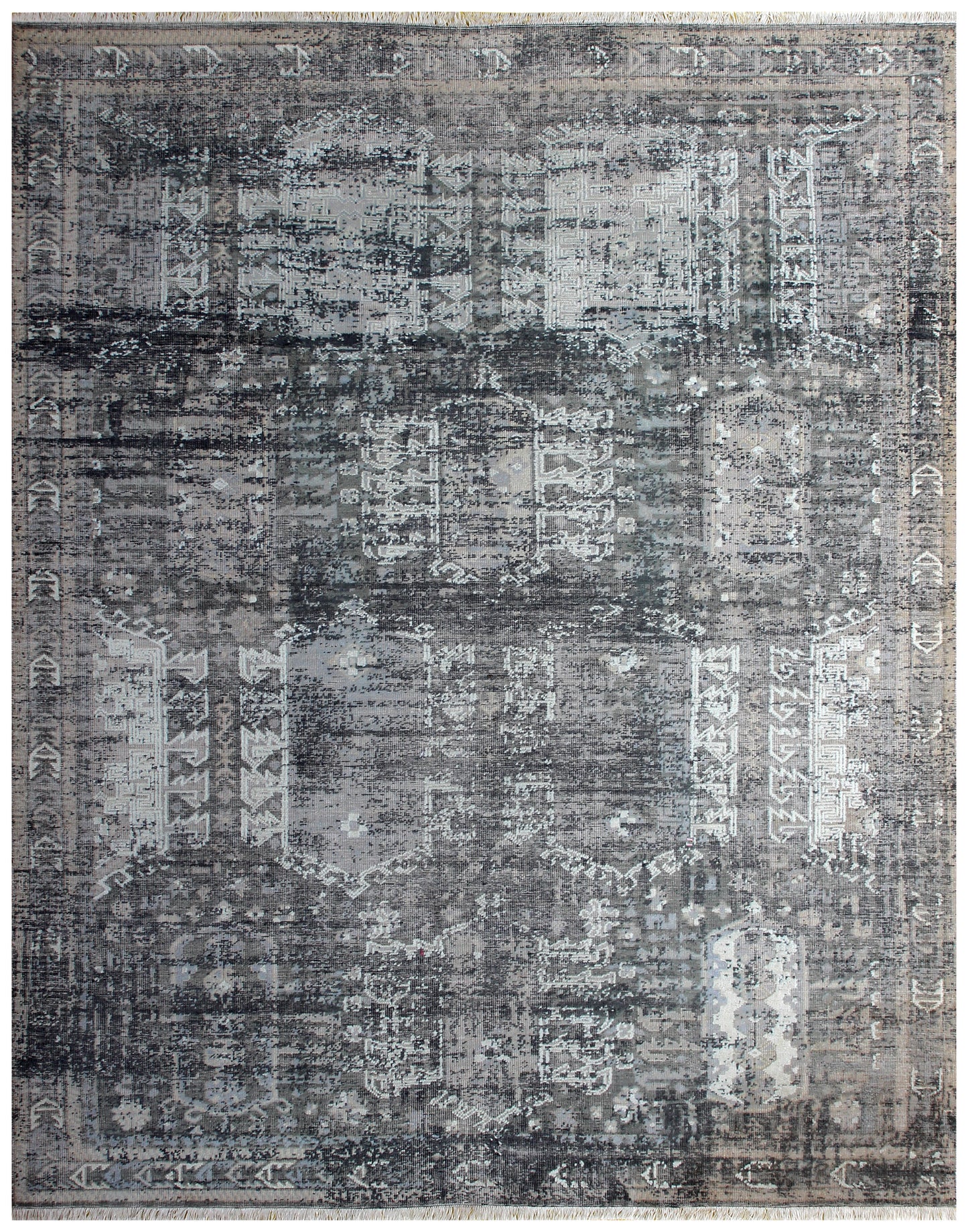 Artisan Hand Knotted Rug 7.6x9.6 - Grey Charcoal Teal Vintage Tribal 45 KPSI Bhadohi Rugs