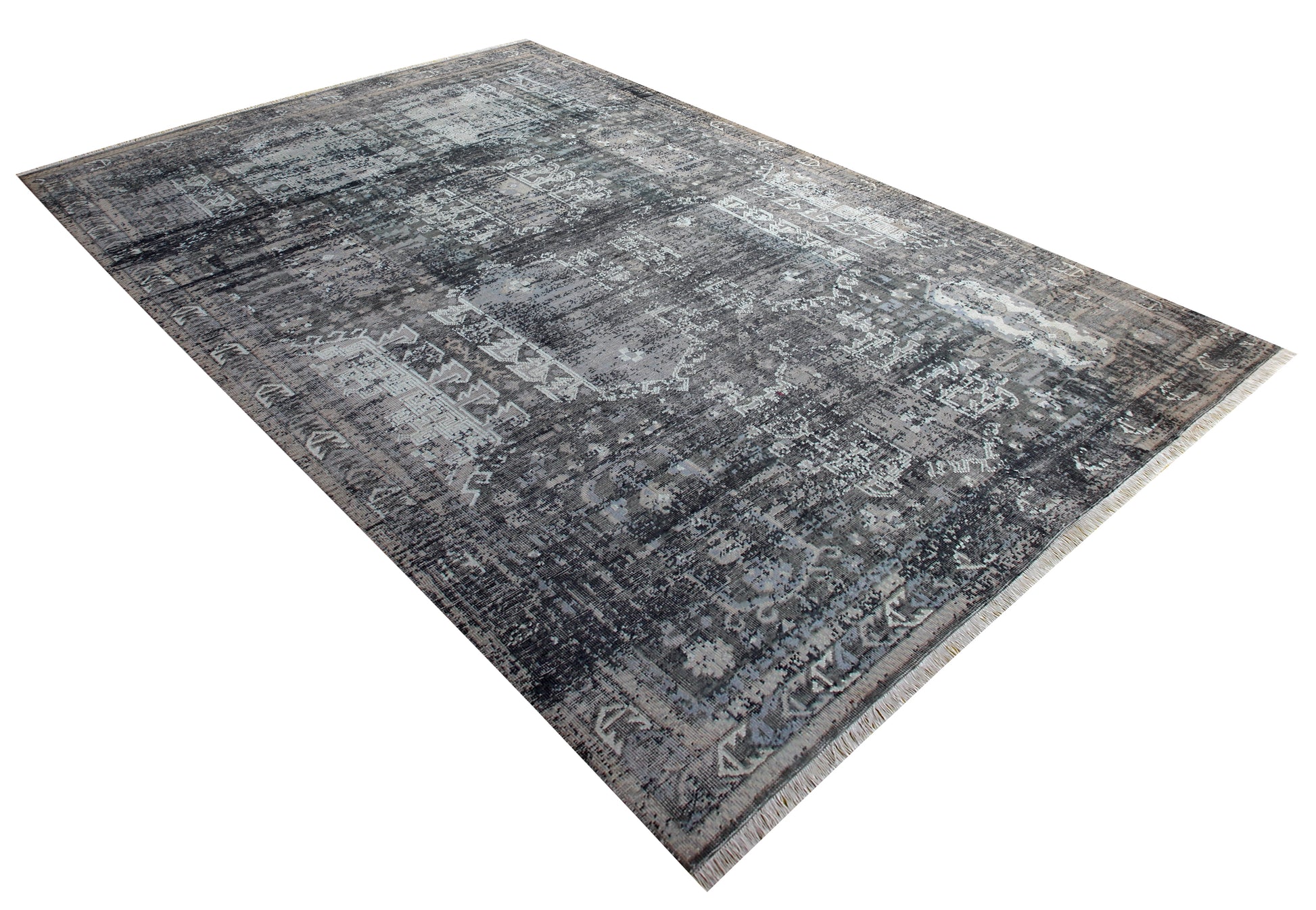 Artisan Hand Knotted Rug 7.6x9.6 - Grey Charcoal Teal Vintage Tribal 45 KPSI Bhadohi Rugs
