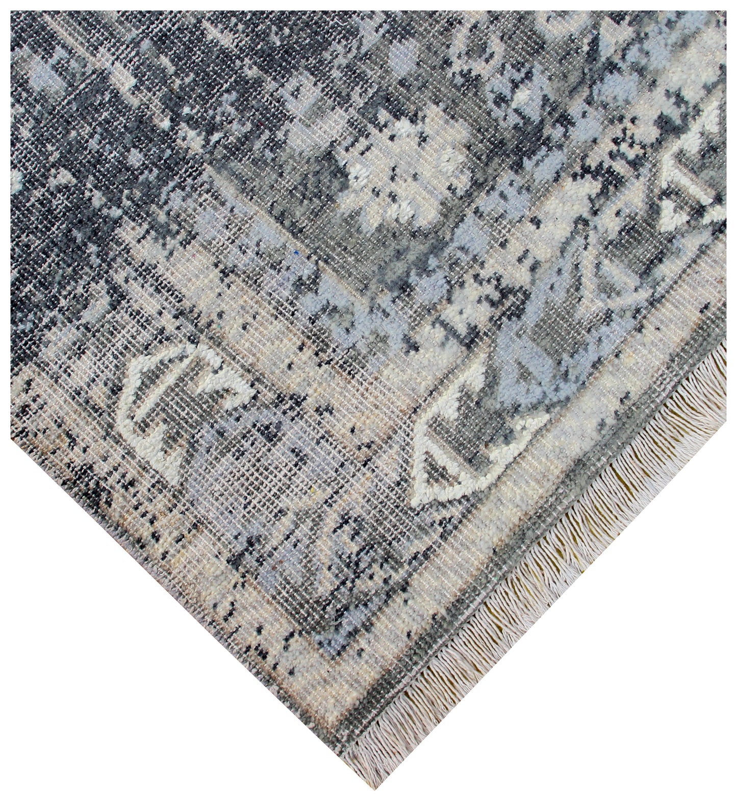 Artisan Hand Knotted Rug 7.6x9.6 - Grey Charcoal Teal Vintage Tribal 45 KPSI Bhadohi Rugs