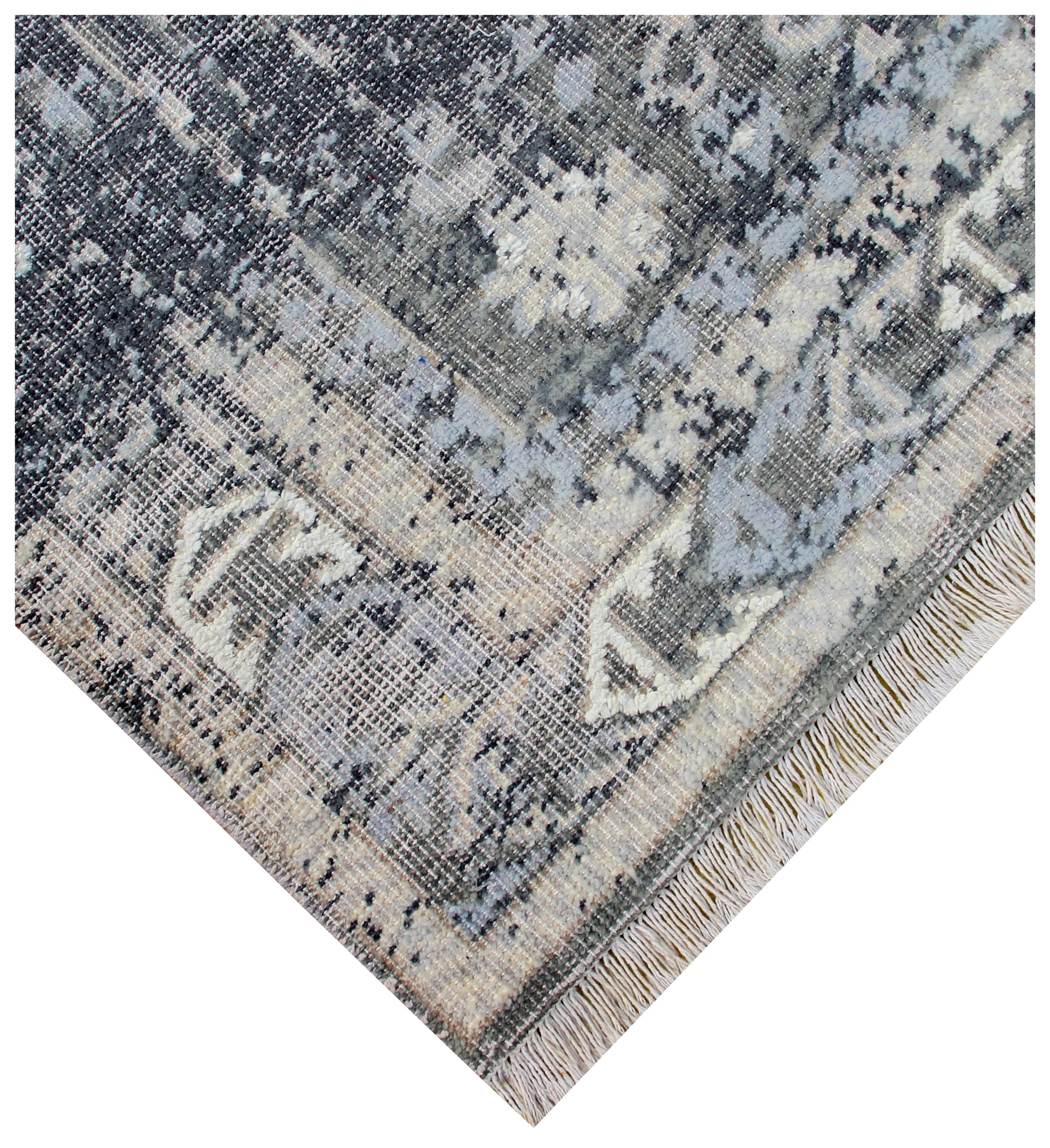Artisan Hand Knotted Rug 7.6x9.6 - Grey Charcoal Teal Vintage Tribal 45 KPSI Bhadohi Rugs