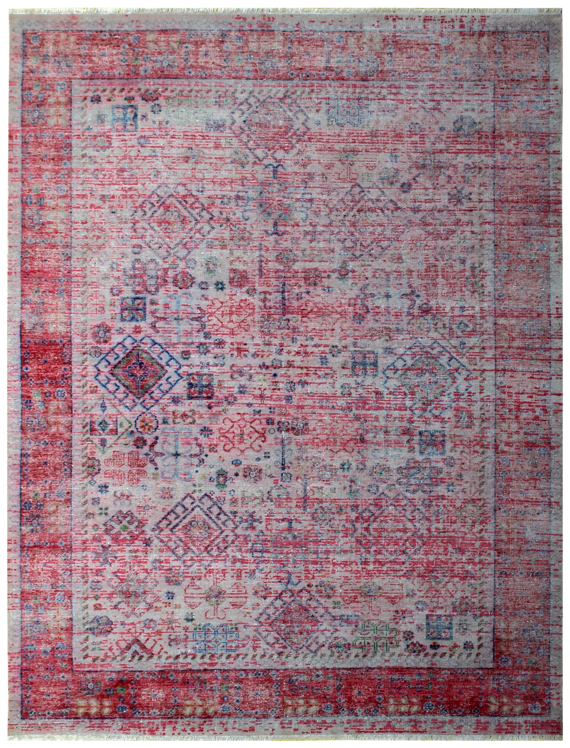 Traditional Medallion Hand Knotted Rug 8x10 - Pink Red Cream Vintage 45 KPSI Bhadohi Rugs