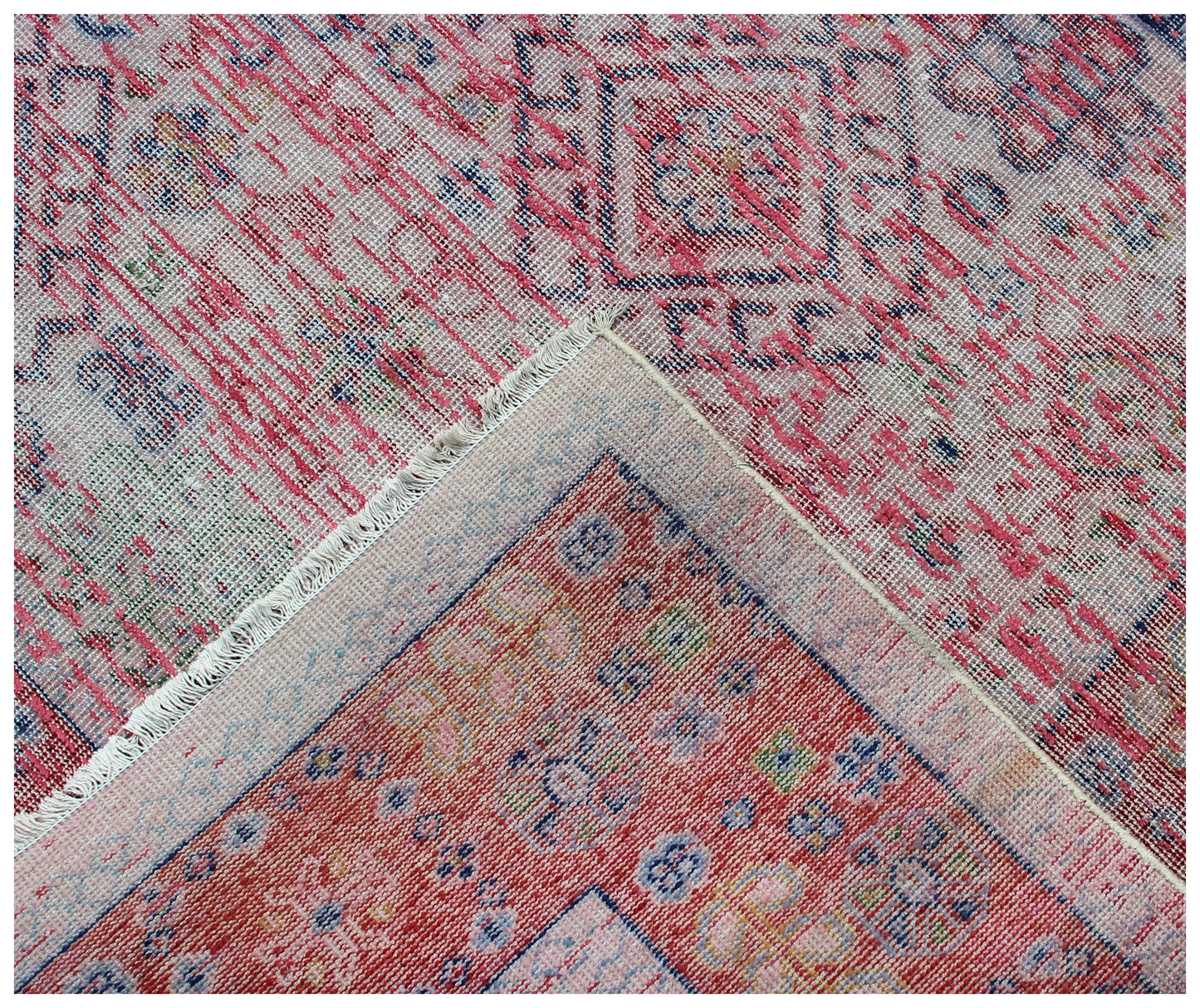 Traditional Medallion Hand Knotted Rug 8x10 - Pink Red Cream Vintage 45 KPSI Bhadohi Rugs