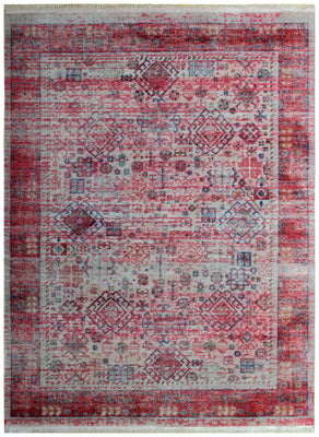 Persian Inspired Hand Knotted Rug 7.6x9.6 - Pink Red Cream Vintage 45 KPSI Bhadohi Rugs