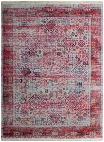Persian Inspired Hand Knotted Rug 7.6x9.6 - Pink Red Cream Vintage 45 KPSI Bhadohi Rugs