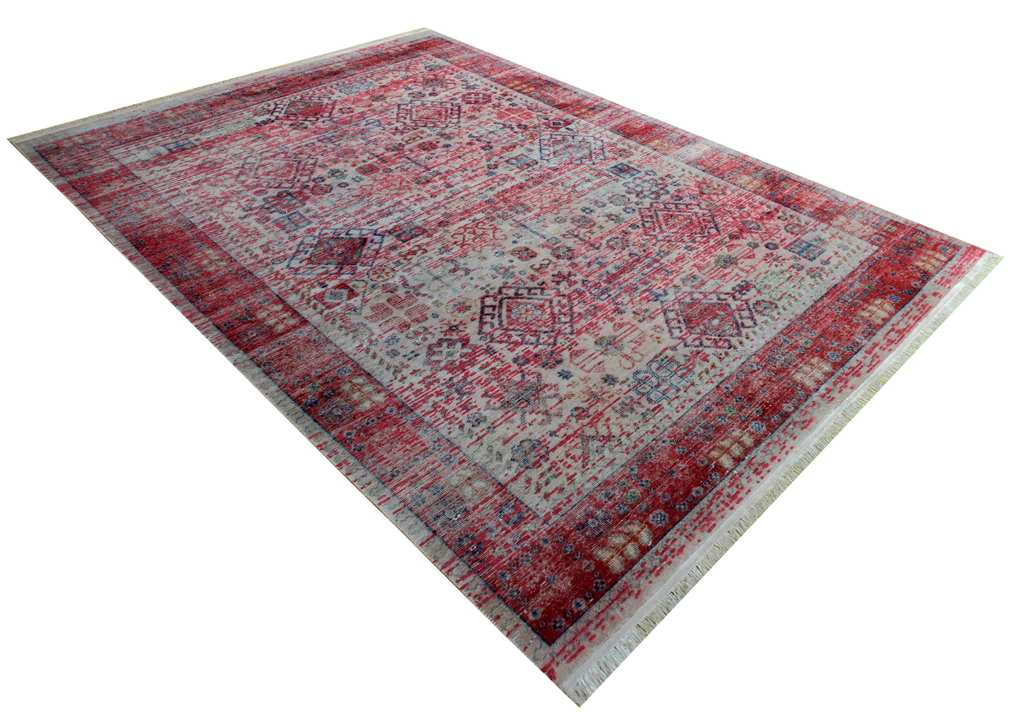 Persian Inspired Hand Knotted Rug 7.6x9.6 - Pink Red Cream Vintage 45 KPSI Bhadohi Rugs