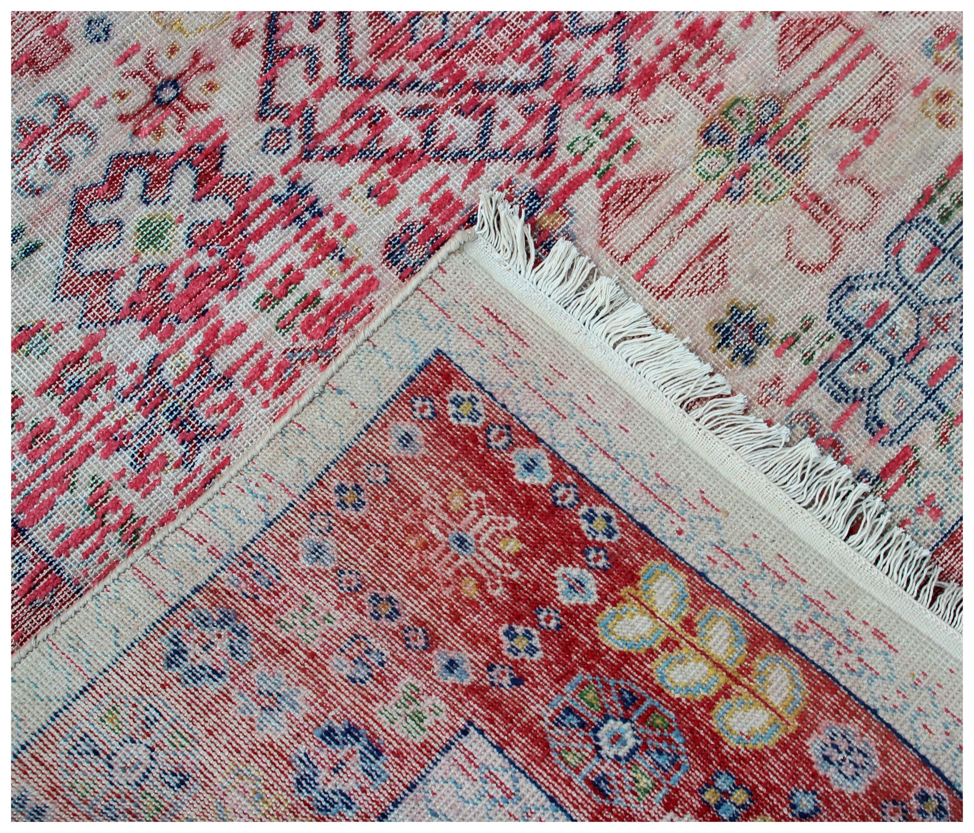 Persian Inspired Hand Knotted Rug 7.6x9.6 - Pink Red Cream Vintage 45 KPSI Bhadohi Rugs