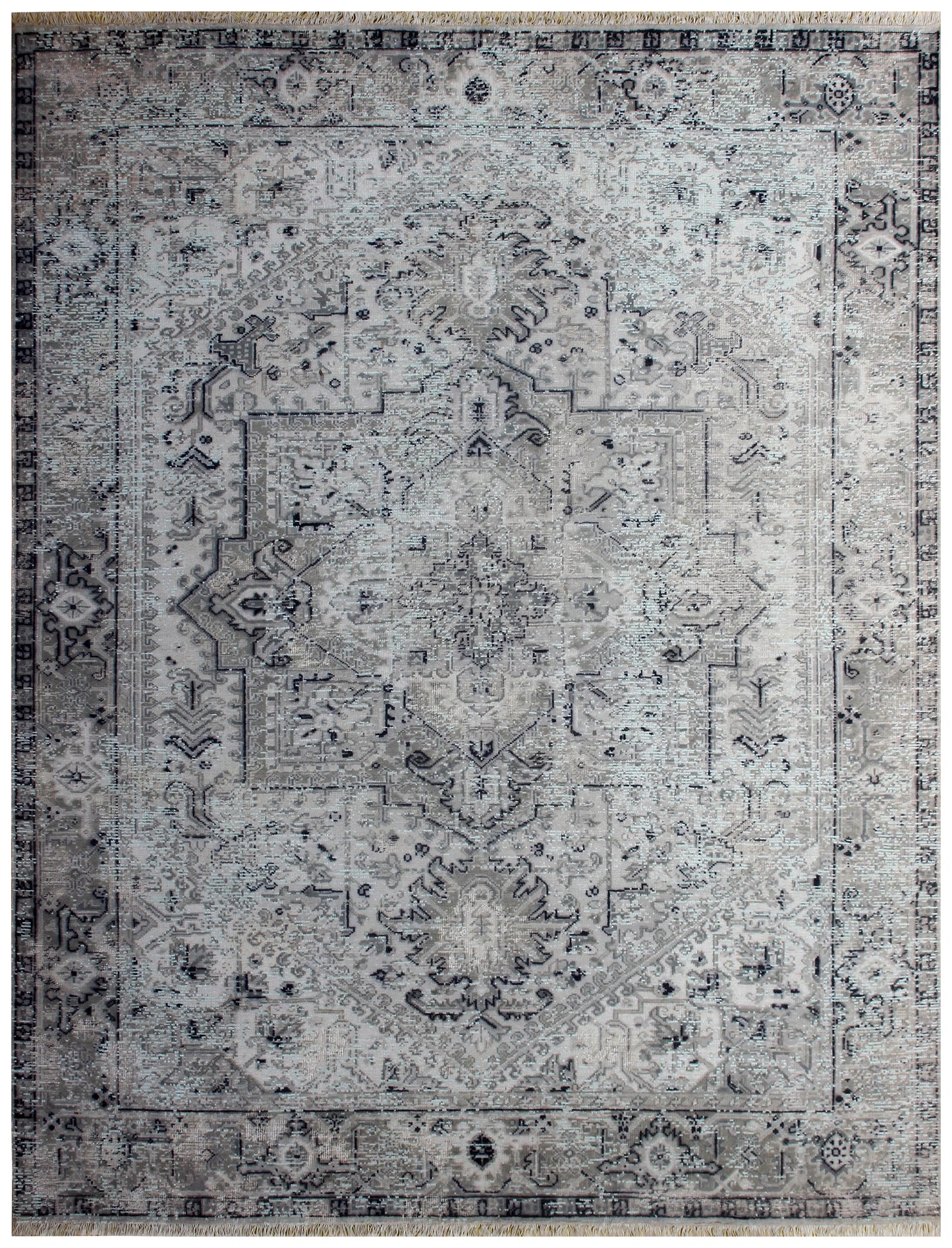 Silver Blue Hand Knotted Rug 8x10 - Grey Charcoal Vintage Medallion 45 KPSI Bhadohi Rugs