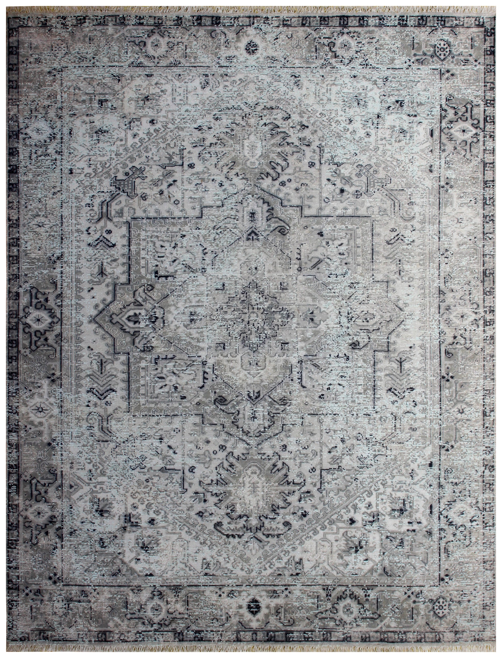 Silver Blue Hand Knotted Rug 8x10 - Grey Charcoal Vintage Medallion 45 KPSI Bhadohi Rugs