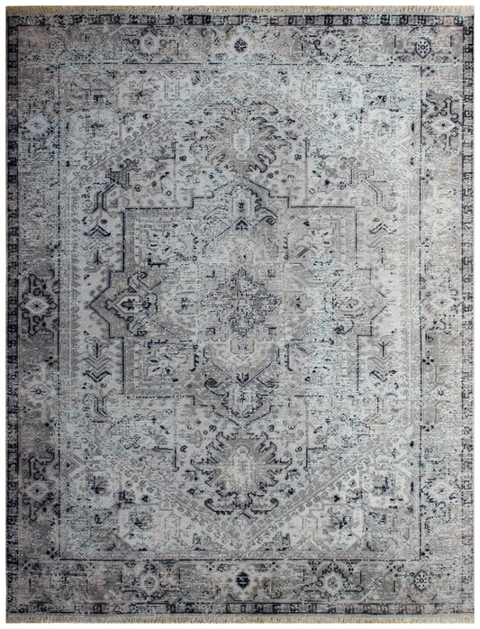 Silver Blue Hand Knotted Rug 8x10 - Grey Charcoal Vintage Medallion 45 KPSI Bhadohi Rugs