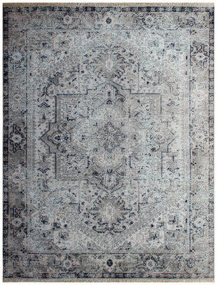 Silver Blue Hand Knotted Rug 8x10 - Grey Charcoal Vintage Medallion 45 KPSI Bhadohi Rugs