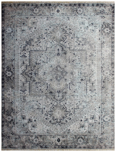 Silver Blue Hand Knotted Rug 8x10 - Grey Charcoal Vintage Medallion 45 KPSI Bhadohi Rugs