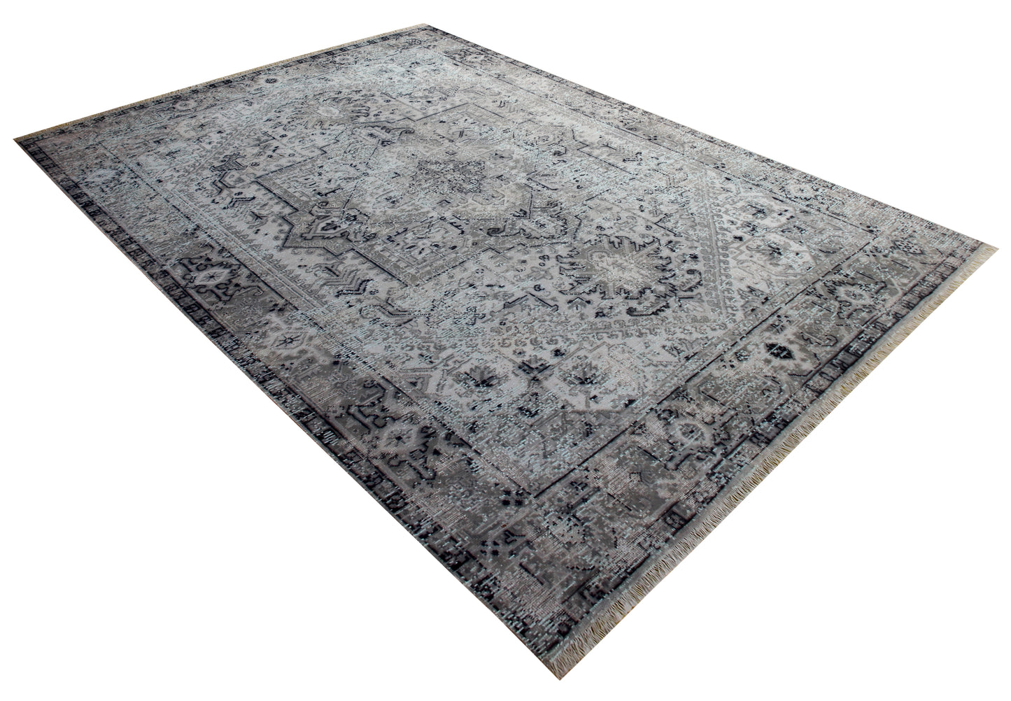 Silver Blue Hand Knotted Rug 8x10 - Grey Charcoal Vintage Medallion 45 KPSI Bhadohi Rugs