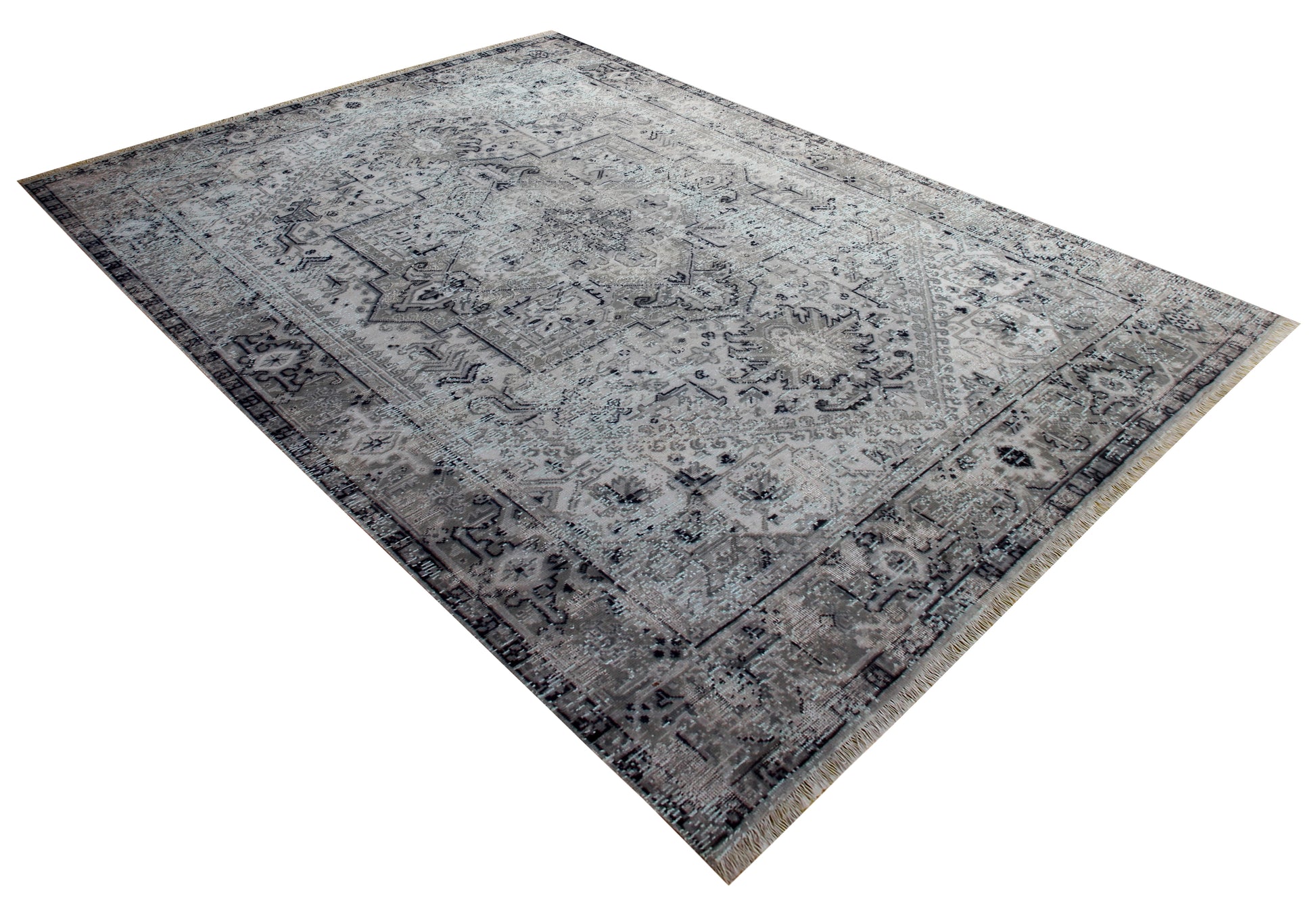 Silver Blue Hand Knotted Rug 8x10 - Grey Charcoal Vintage Medallion 45 KPSI Bhadohi Rugs