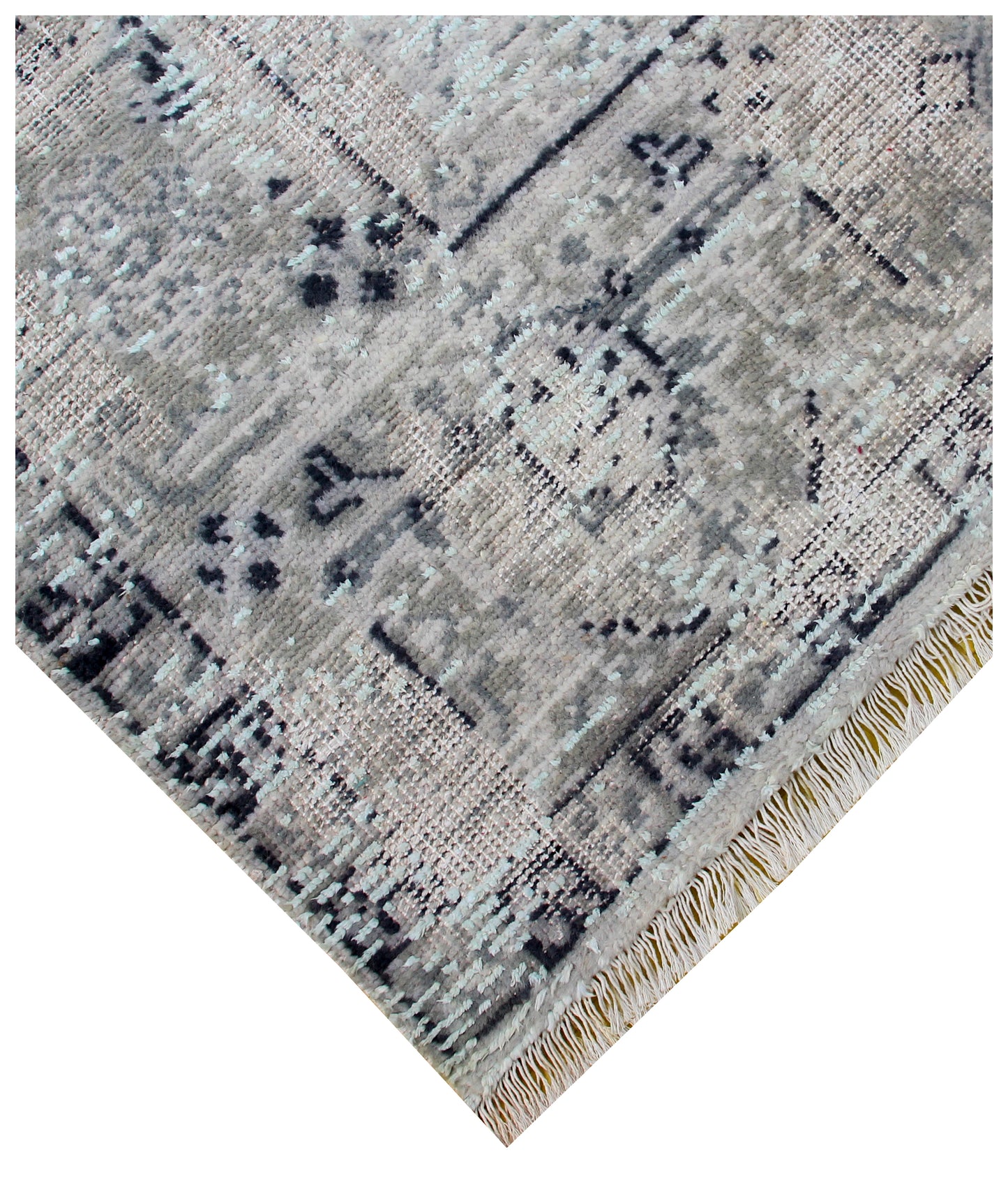 Silver Blue Hand Knotted Rug 8x10 - Grey Charcoal Vintage Medallion 45 KPSI Bhadohi Rugs