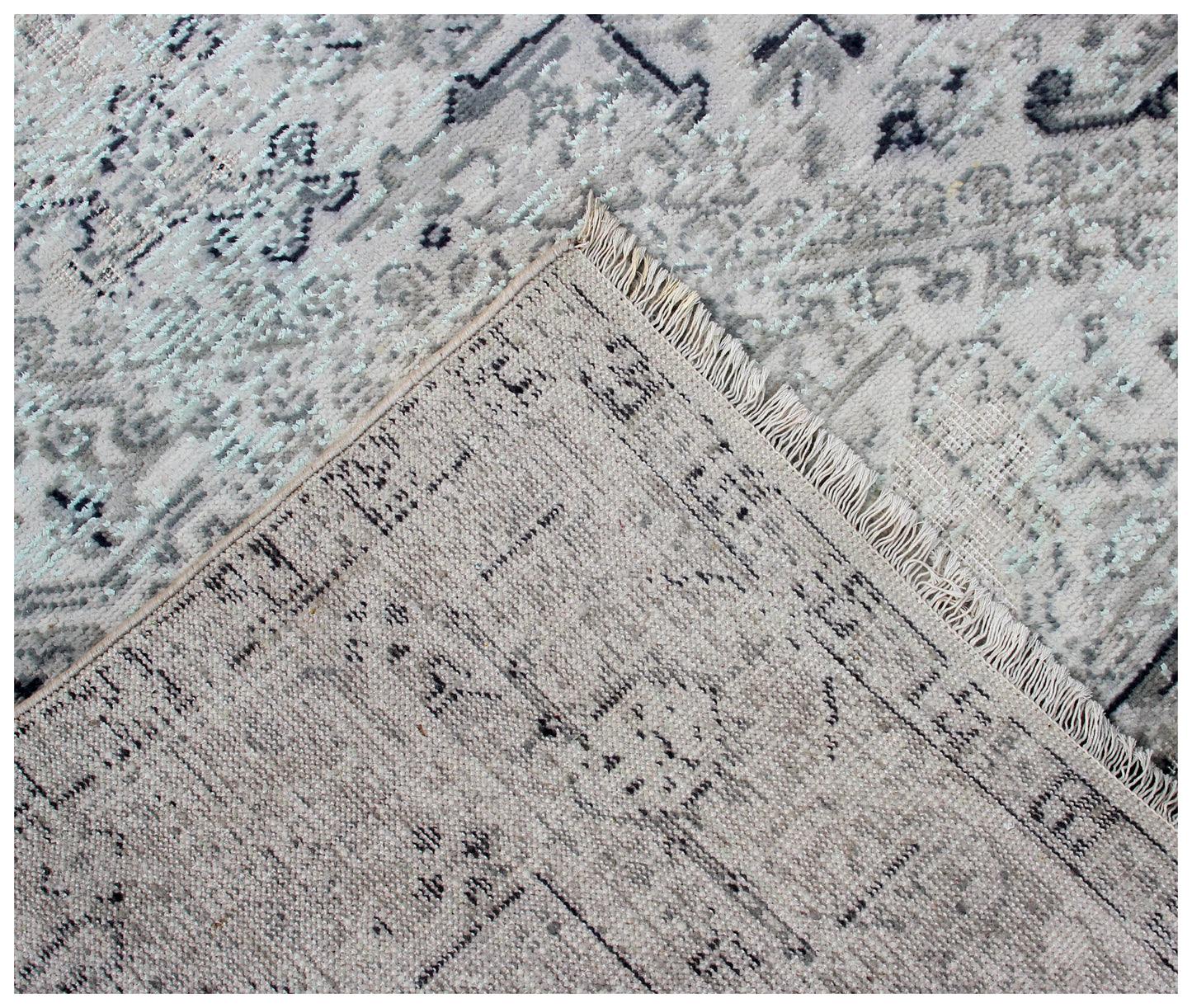 Silver Blue Hand Knotted Rug 8x10 - Grey Charcoal Vintage Medallion 45 KPSI Bhadohi Rugs