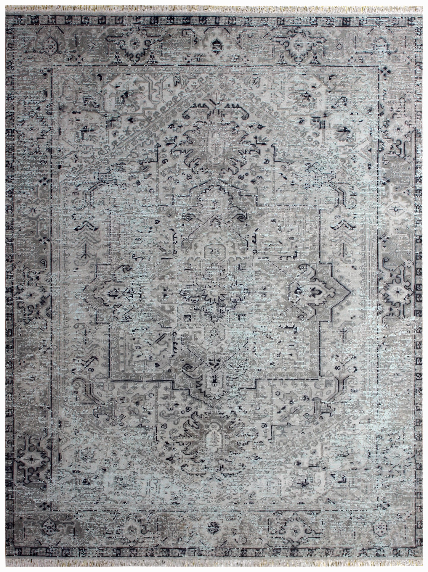 Heirloom Hand Knotted Rug 7.6x9.6 - Silver Grey Blue Vintage Medallion 45 KPSI Bhadohi Rugs
