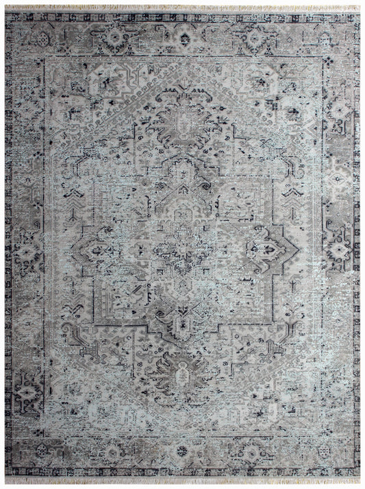 Heirloom Hand Knotted Rug 7.6x9.6 - Silver Grey Blue Vintage Medallion 45 KPSI Bhadohi Rugs