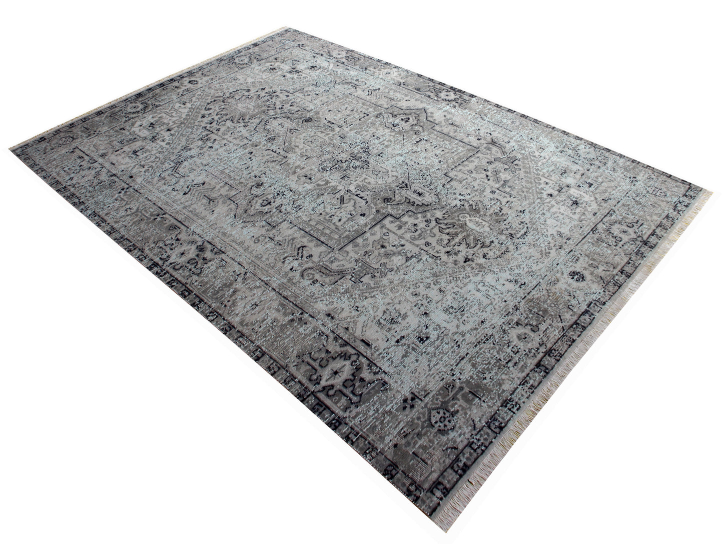 Heirloom Hand Knotted Rug 7.6x9.6 - Silver Grey Blue Vintage Medallion 45 KPSI Bhadohi Rugs