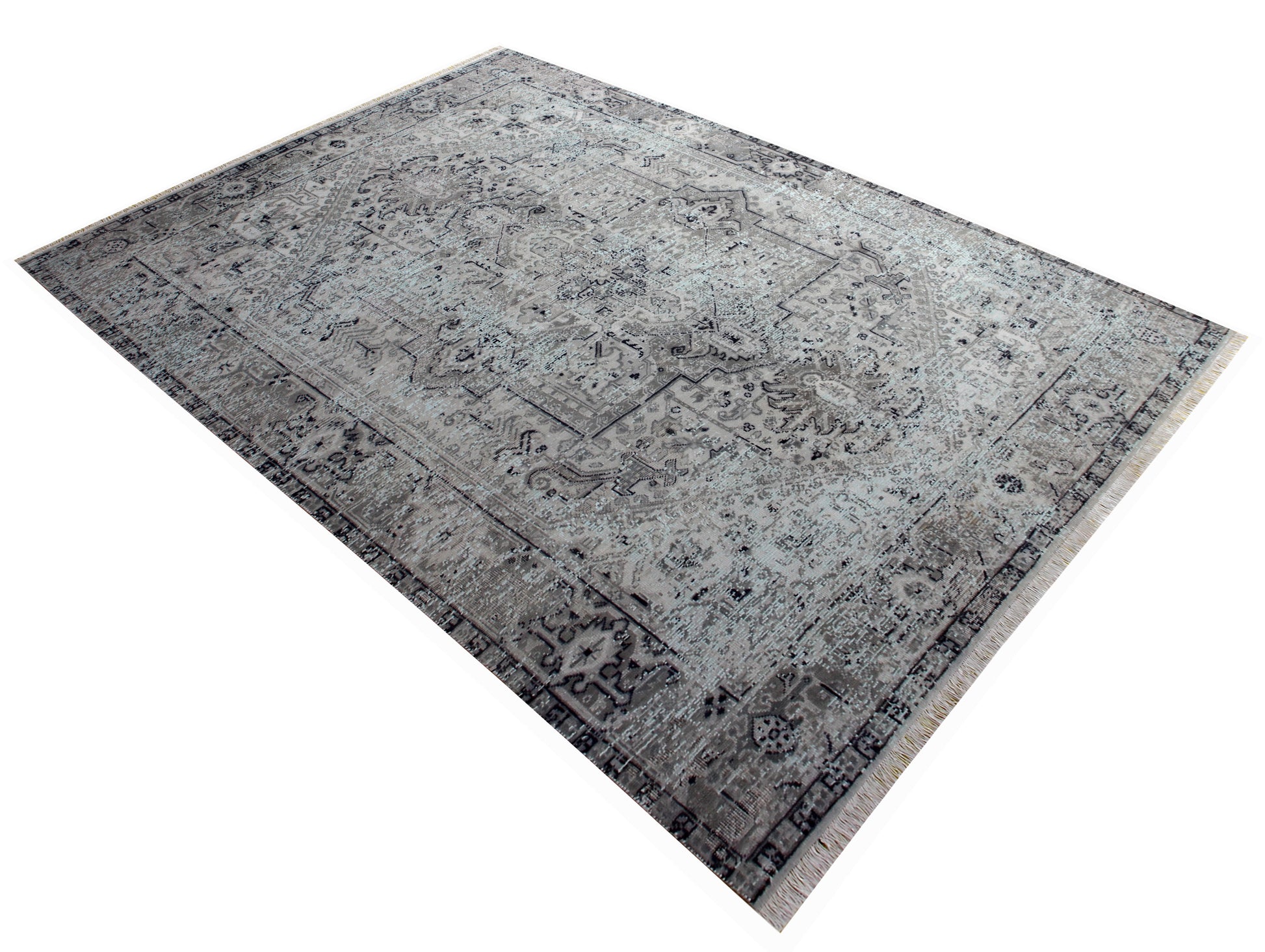 Heirloom Hand Knotted Rug 7.6x9.6 - Silver Grey Blue Vintage Medallion 45 KPSI Bhadohi Rugs