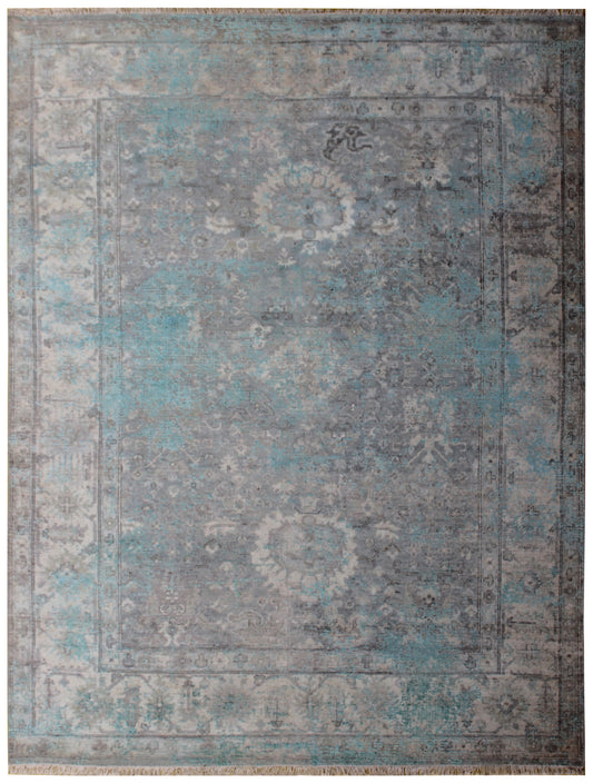 Luxury Hand Knotted Rug 7.6x9.6 - Grey Teal Beige Vintage Medallion 45 KPSI Bhadohi Rugs
