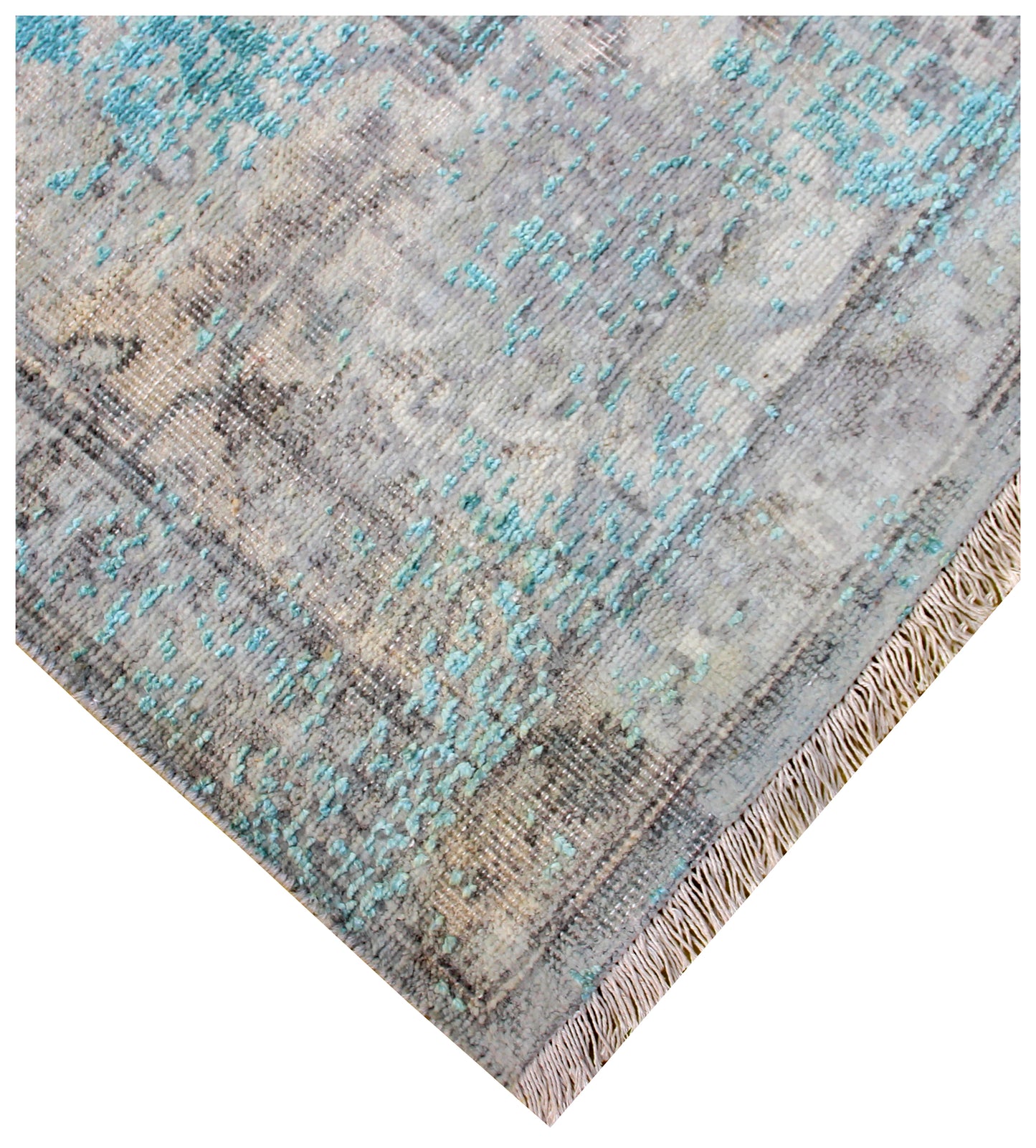 Luxury Hand Knotted Rug 7.6x9.6 - Grey Teal Beige Vintage Medallion 45 KPSI Bhadohi Rugs