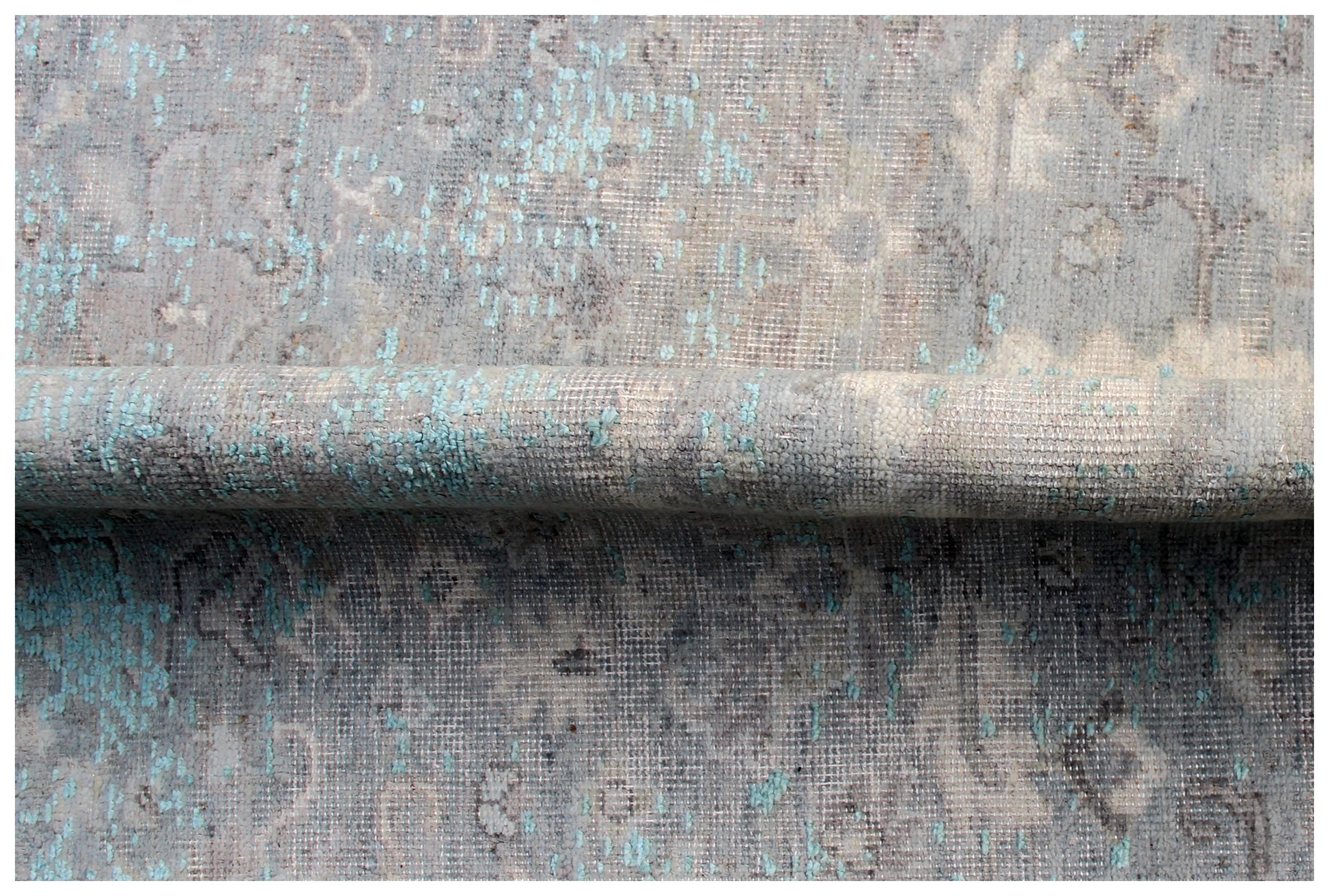Luxury Hand Knotted Rug 7.6x9.6 - Grey Teal Beige Vintage Medallion 45 KPSI Bhadohi Rugs