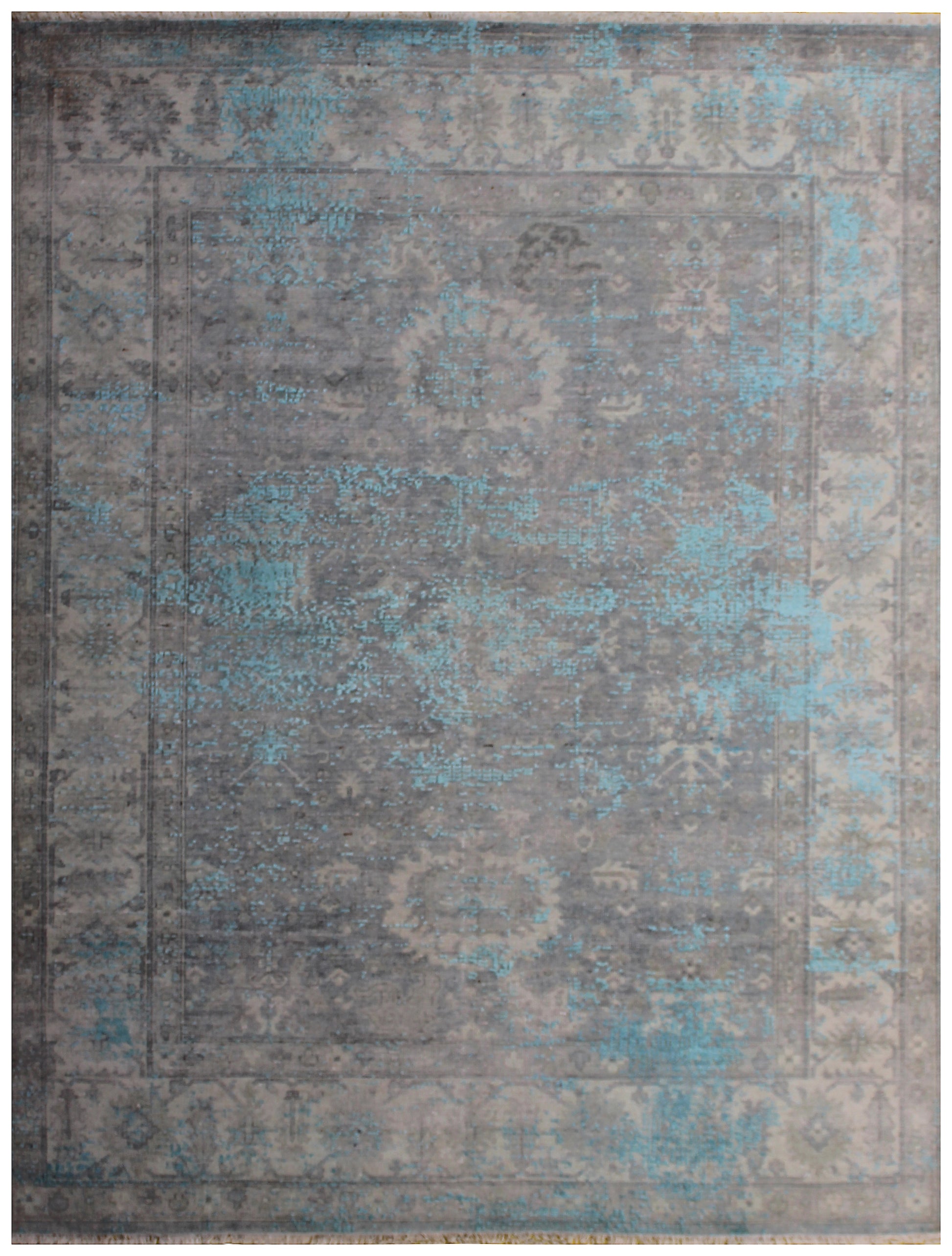 Bordered Vintage Hand Knotted Rug 8x10 - Grey Teal Beige Traditional 45 KPSI Bhadohi Rugs