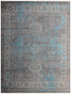 Bordered Vintage Hand Knotted Rug 8x10 - Grey Teal Beige Traditional 45 KPSI Bhadohi Rugs