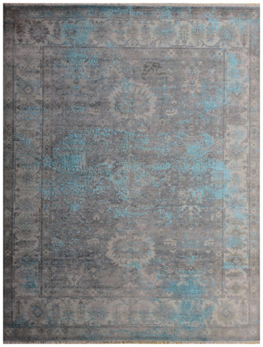 Bordered Vintage Hand Knotted Rug 8x10 - Grey Teal Beige Traditional 45 KPSI Bhadohi Rugs