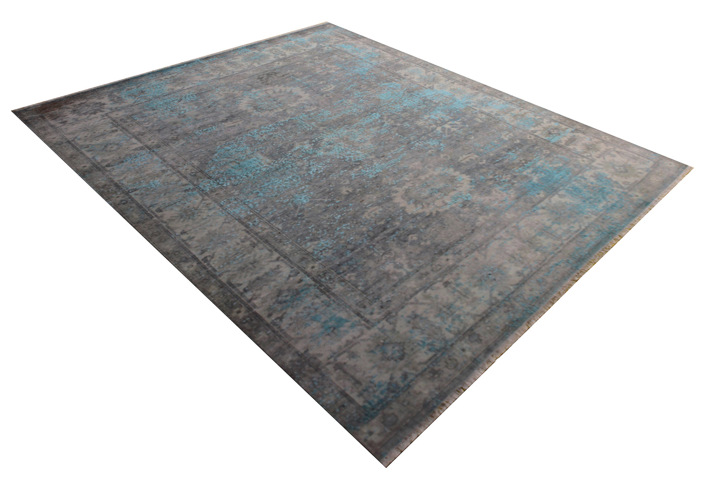Bordered Vintage Hand Knotted Rug 8x10 - Grey Teal Beige Traditional 45 KPSI Bhadohi Rugs
