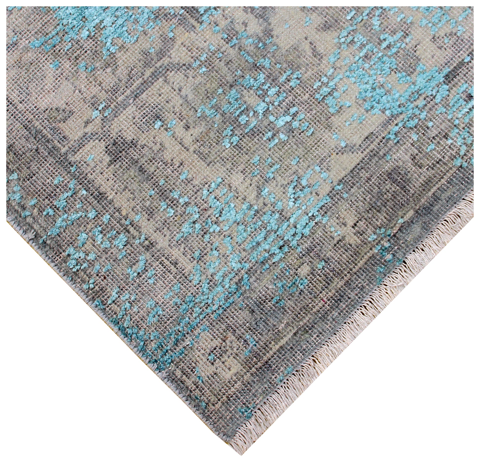 Bordered Vintage Hand Knotted Rug 8x10 - Grey Teal Beige Traditional 45 KPSI Bhadohi Rugs