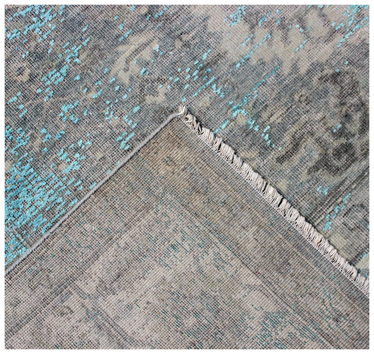 Bordered Vintage Hand Knotted Rug 8x10 - Grey Teal Beige Traditional 45 KPSI Bhadohi Rugs