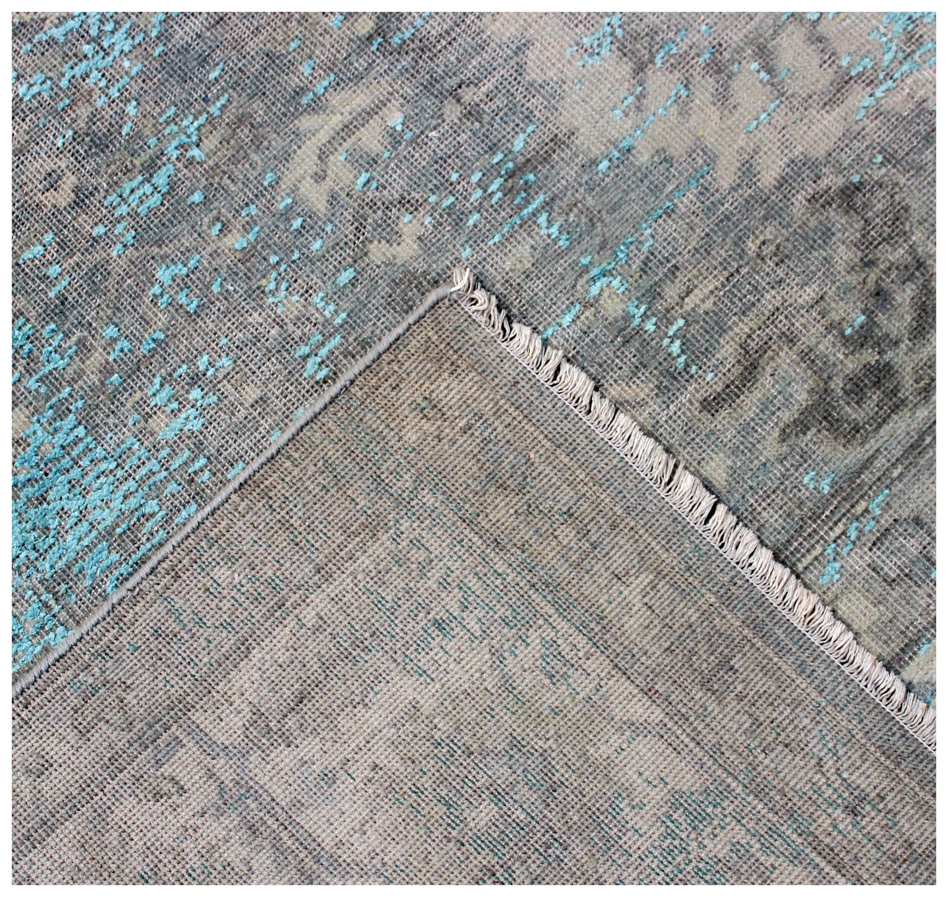 Bordered Vintage Hand Knotted Rug 8x10 - Grey Teal Beige Traditional 45 KPSI Bhadohi Rugs
