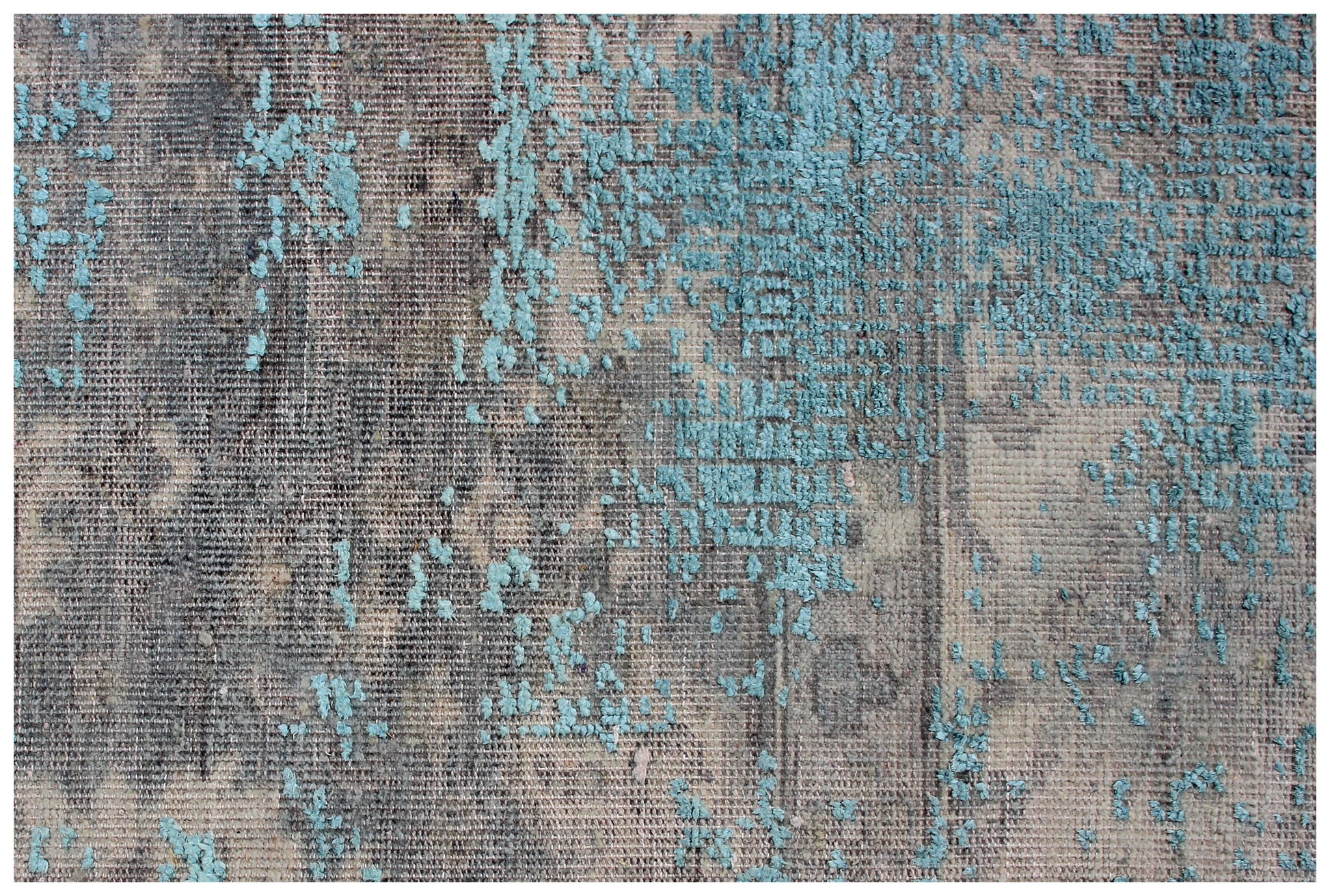 Bordered Vintage Hand Knotted Rug 8x10 - Grey Teal Beige Traditional 45 KPSI Bhadohi Rugs