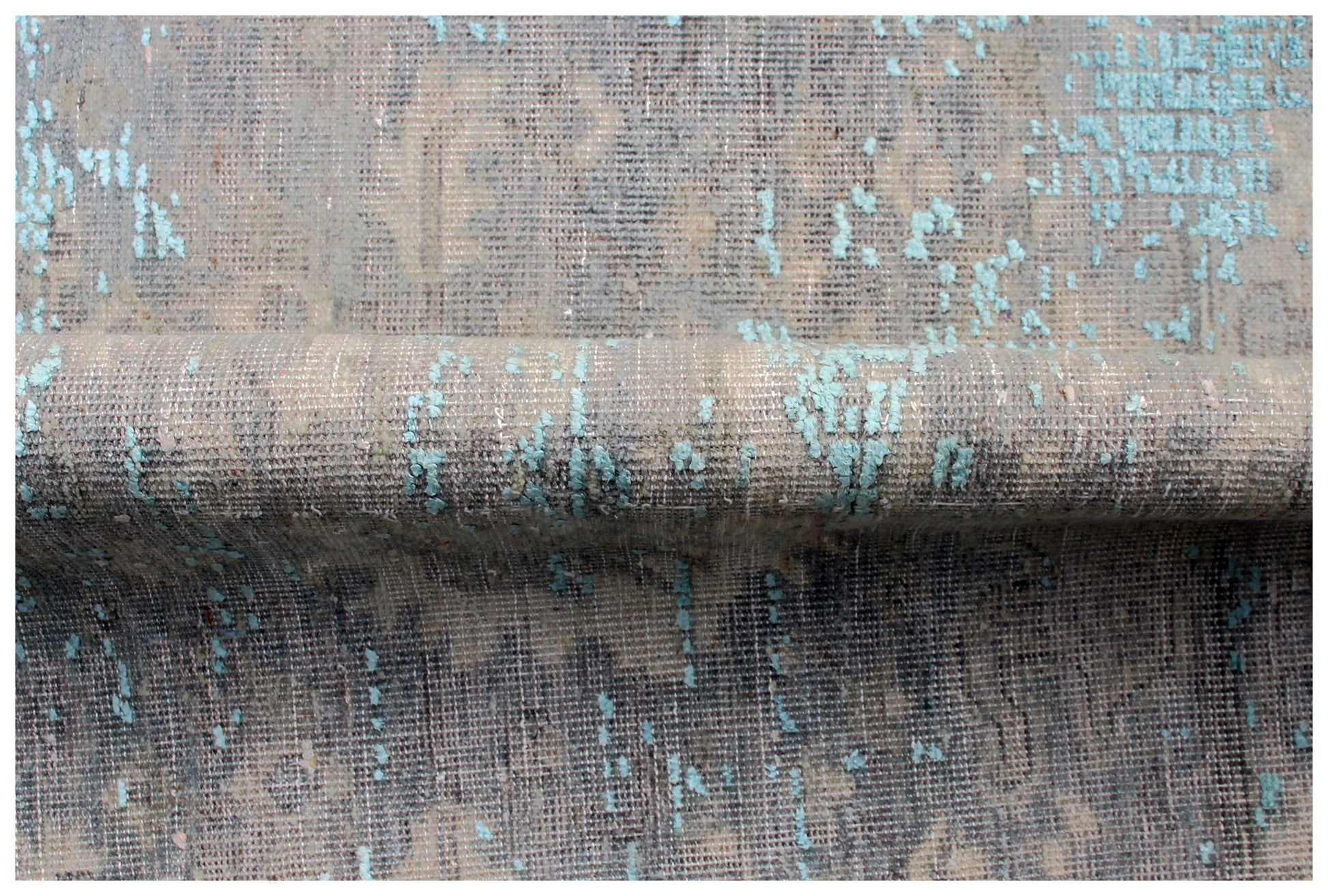 Bordered Vintage Hand Knotted Rug 8x10 - Grey Teal Beige Traditional 45 KPSI Bhadohi Rugs