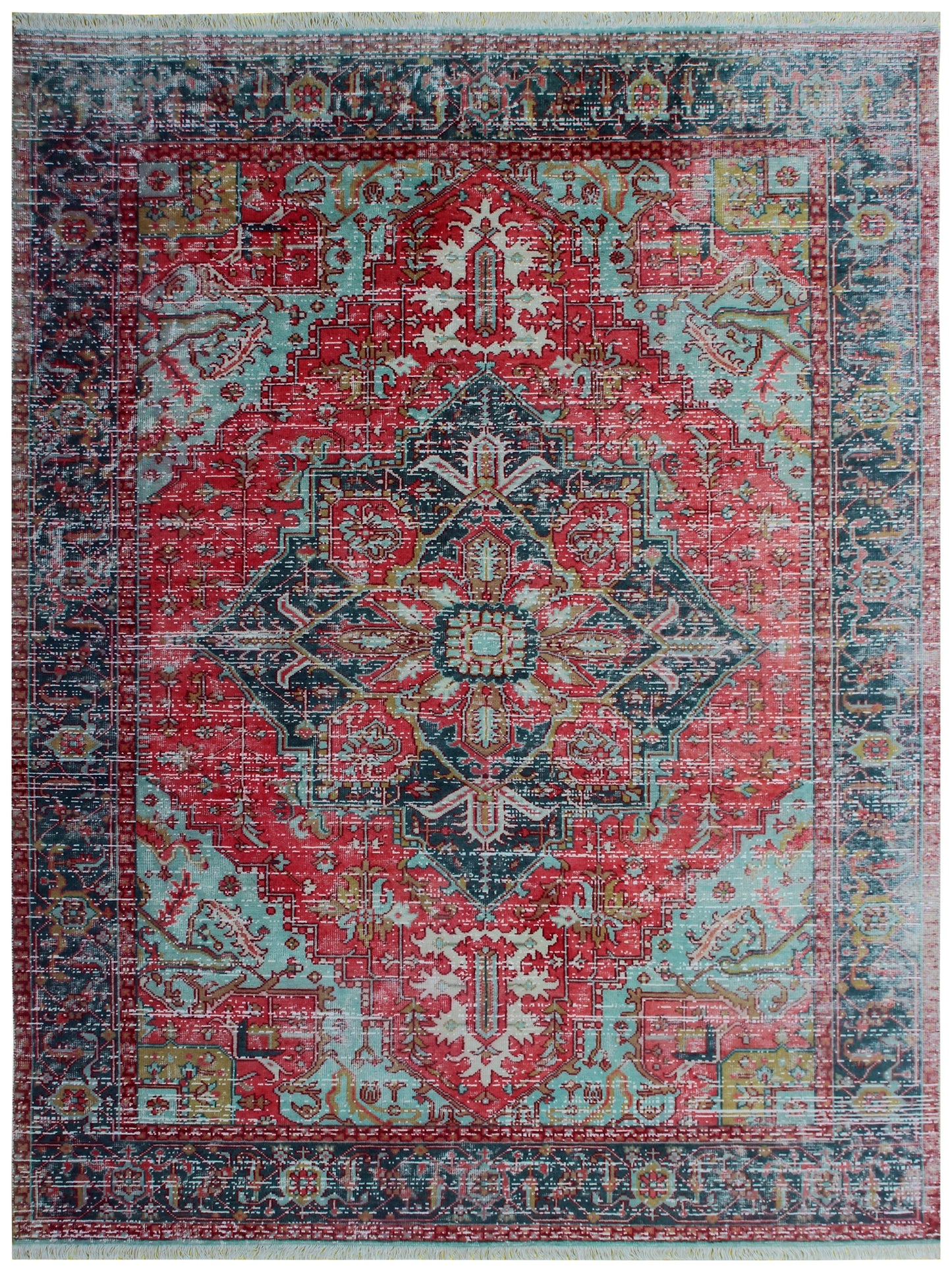 Classic Medallion Hand Knotted Rug 7.6x9.6 - Red Teal Charcoal Vintage 45 KPSI Bhadohi Rugs